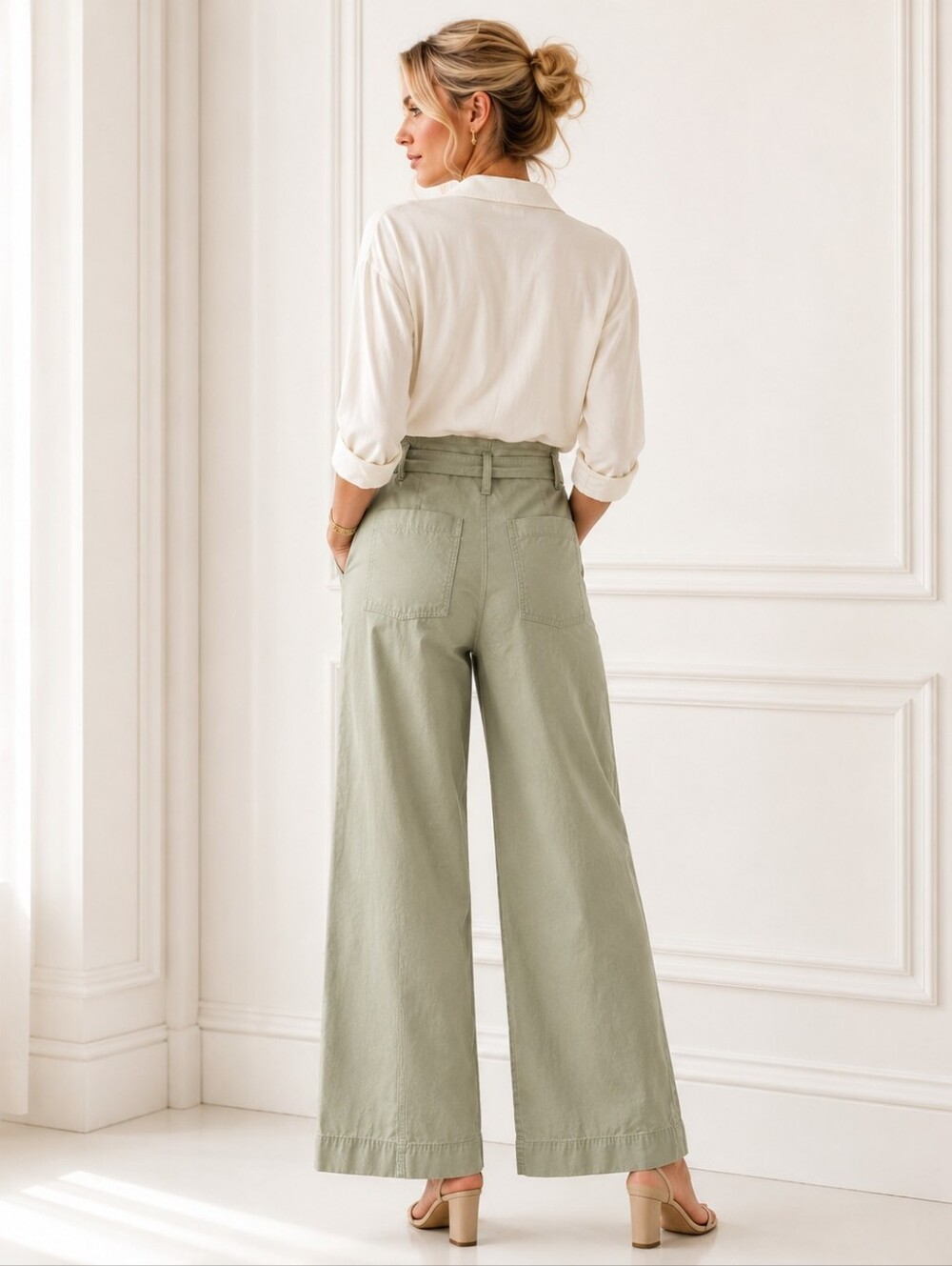 A New Day Sage Green Paperbag Wide Leg Pants | Size 12 | Belted Utility - Picture 2 of 11